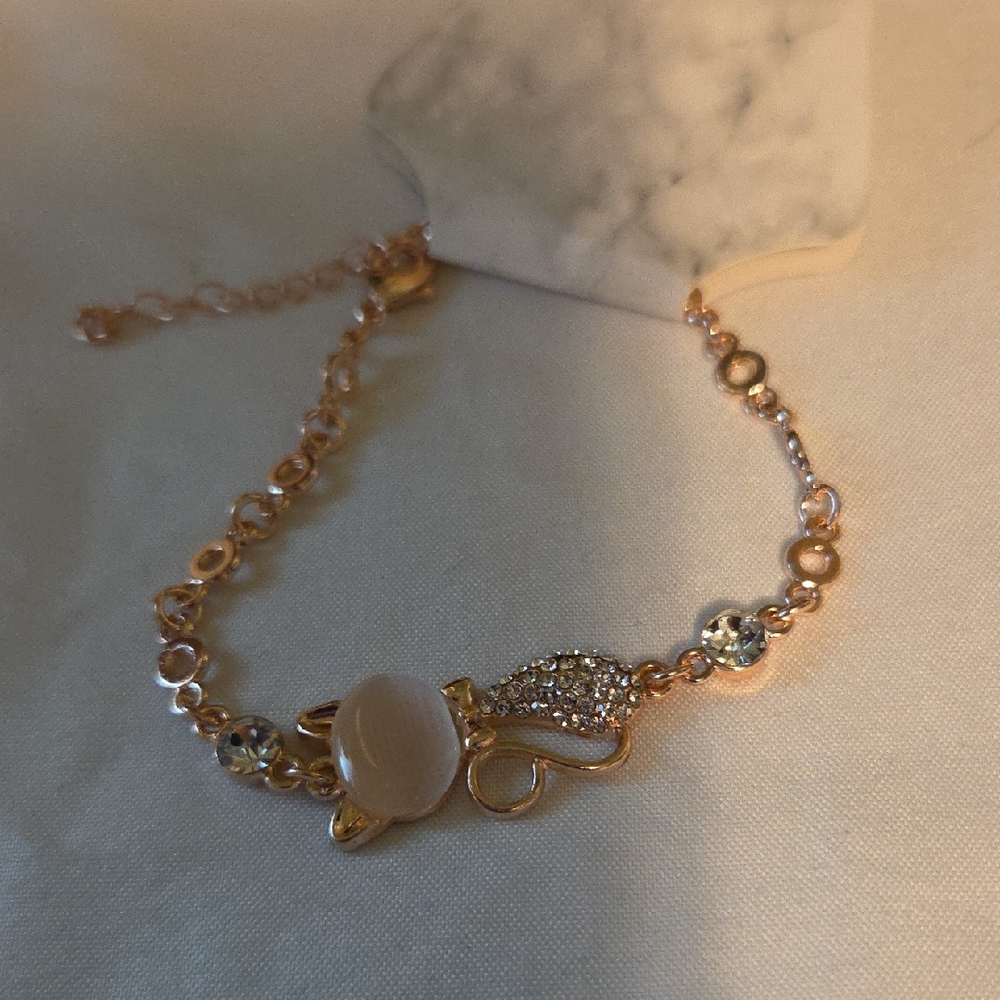Gold Cat Accent Bracelet with Cream Stone - Women Jewelry